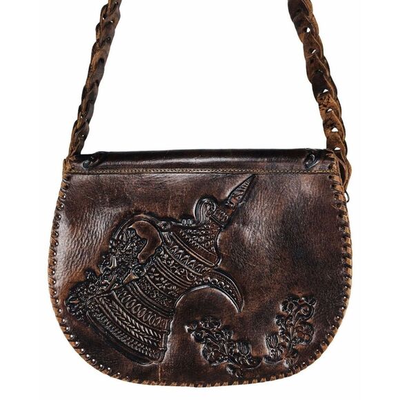 Vintage 70s Stitched Tooled Leather Braided Shoulder Strap Fringe Handbag Purse - Picture 3 of 12